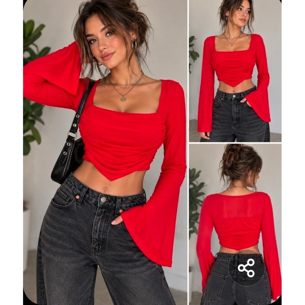 Clubwear Baddie Red Ruched Bell Sleeve Crop Top Handkerchief Hem Mesh Back XS